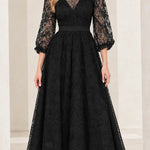Elegant Floral Lace V-Neck A-Line Maxi Dress with 3/4 Sleeves