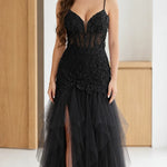 Floral Lace Corset Bodice Tulle Maxi Evening Gown with Slit