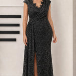 Draped V-Neck Sequin Lace Evening Gown with Front Slit and Corset Back