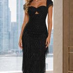 Rhinestone Sweetheart Fringe Maxi Gown with Cap Sleeves