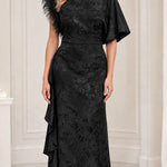 Embellished High-Neck Jacquard Maxi Dress with Flutter Sleeves and Cascade Ruffle