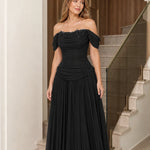 Off-the-Shoulder Beaded Ruched Chiffon Evening Gown