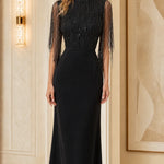 Sequin Beaded Fringe Mock Neck Maxi Evening Gown with Lace-Up Back