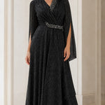 Elegant V-Neck Rhinestone Split Sleeve Maxi Evening Dress