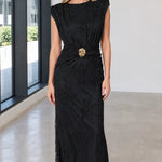 Elegance Embroidered Maxi Dress with Gold Buckle Accent