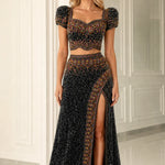 Two-Piece Beaded Evening Gown Set with Puff Sleeves and High Slit Skirt