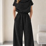 Women's Cowl Neck Short Sleeve Top and Wide Leg Sweatpants Loungewear Set