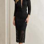 Elegant Floral Lace Belted Midi Dress with Ruffle Shoulders