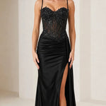 Sleeveless Beaded Corset Slit Formal Evening Dress