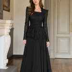 Long Sleeve Lace Peplum Evening Gown with Pleated Maxi Skirt