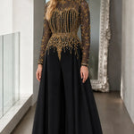 Elegant Sequin Embroidered Wide-Leg Evening Jumpsuit with Sheer Long Sleeves