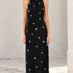 Women's Star Print Halter Maxi Dress with Fringe Hem
