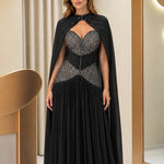 Elegant Embellished Cape Evening Gown with Pleated Skirt