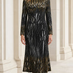 Metallic Sequin Chevron Long Sleeve Midi Evening Dress