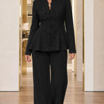 Floral Appliqué Peplum Blazer and Wide-Leg Pantsuit Set