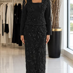 Floral Embroidered Square Neck Jacket & Maxi Skirt Two-Piece Formal Set