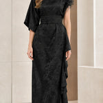 Floral Jacquard Asymmetrical Maxi Dress with Embellished Neckline