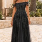 Off-Shoulder Sequin Fringe A-Line Evening Gown