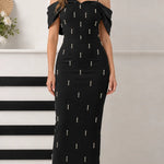 Elegant Pearl-Embellished Off-the-Shoulder Column Maxi Dress