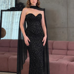 Strapless Sweetheart Sequin Mermaid Evening Gown with Chiffon Cape Scarf