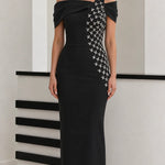 Asymmetrical Off-Shoulder Rhinestone Embellished Column Maxi Gown