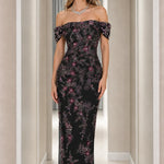 Off-the-Shoulder Floral Embroidered Beaded Maxi Evening Gown