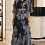 Floral Chiffon V-Neck Maxi Dress with Embellished Waist and Flutter Sleeves
