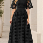 Mock Neck Sheer Grid Overlay Maxi Dress with Flutter Half Sleeves