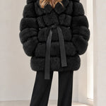 Women's Hooded Belted Faux Fur Coat with Tiered Plush Panels