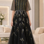 Floral Embroidered Beaded Flutter Sleeve Tulle A-Line Evening Gown