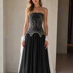 Strapless Beaded Corset Evening Gown with Scalloped Fringe & Chiffon Skirt