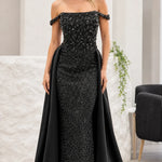 Off-Shoulder Beaded Evening Gown with Overskirt