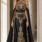 Halter Neck Embroidered Cape Evening Gown with Beaded Fringe