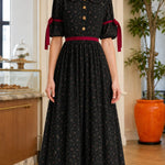 Vintage Peter Pan Collar Floral Midi Dress with Contrast Bow Details