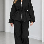 Women's Drawstring Peplum Zip Jacket and Wide-Leg Pants Two-Piece Set