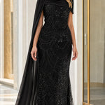 Sequin Mermaid Evening Gown with Draped Chiffon Cape