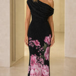 One-Shoulder Draped Sequin Floral Long Evening Gown