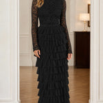 Elegant Lace Mock Neck Tiered Ruffle Maxi Dress