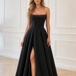 Satin Strapless Sequin Accented Evening Gown