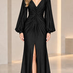 Deep V-Neck Pleated Long Sleeve Twist Front Evening Gown with Slit
