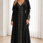 Sequin Embroidered V-Neck Maxi Evening Gown with Sheer Lace Duster Jacket Set
