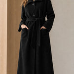 Women's Ribbed Knit Collar Longline Wool Blend Trench Coat with Belt