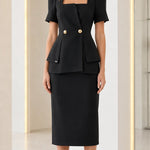 Square Neck Peplum Top and Midi Pencil Skirt Two-Piece Set