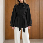 Women's High Neck Belted Short Trench Jacket with Lantern Sleeves