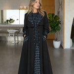 Contrast Plaid Trim Maxi Trench Coat with Buttoned Cuffs and Flap Pockets