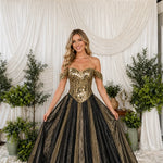 Off-The-Shoulder Mirrored Bodice Pleated Ball Gown with Shimmer Skirt