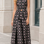 Sleeveless Mandarin Collar Jacquard Maxi Jumpsuit with Slit Overlay