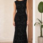 Sleeveless Floral Lace Mermaid Maxi Dress with Boat Neckline