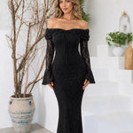 Off-the-Shoulder Floral Lace Mermaid Maxi Dress with Bell Sleeves