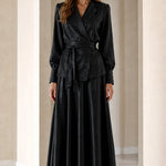 Elegant Satin Wrap Blazer Top and Maxi Skirt Two-Piece Set
